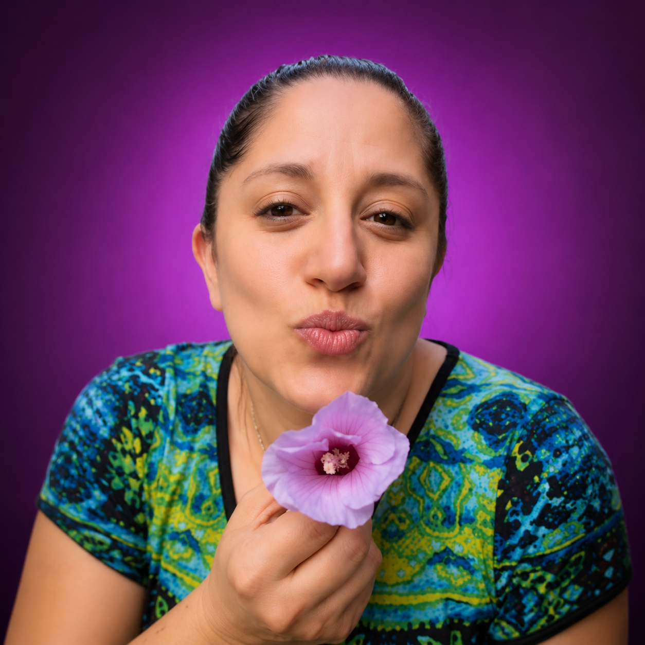 Dr. Blickstein holding a pink hibiscus flower